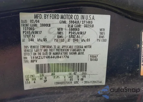 2004 Ford Explorer Eddie Bauer from USA, damaged, VIN 1FMZU74K44UB41776